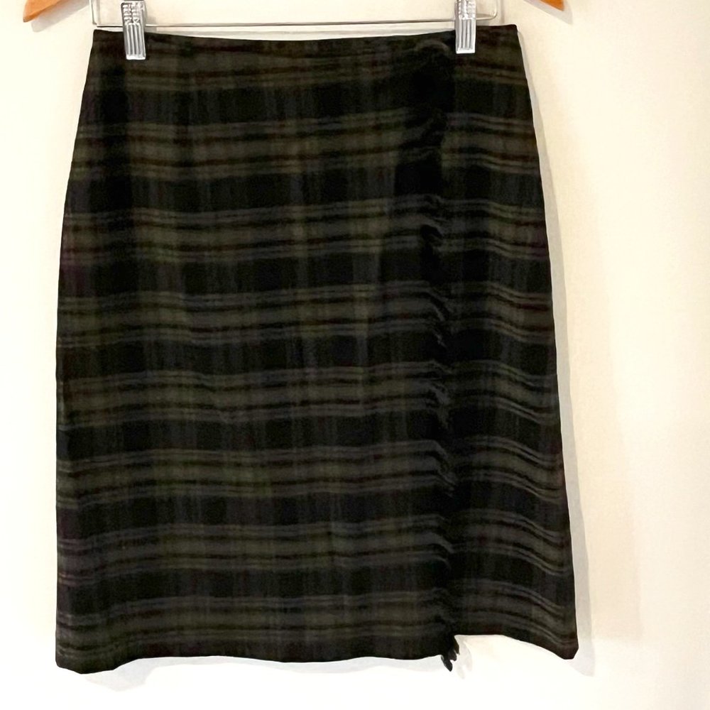 Modern Vintage 1990s Trina Turk Plaid Wrap Skirt Plaid Tartan Fringe Size 4